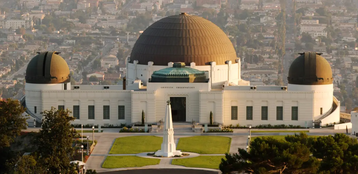 Front of Griffith Observatory with its domes