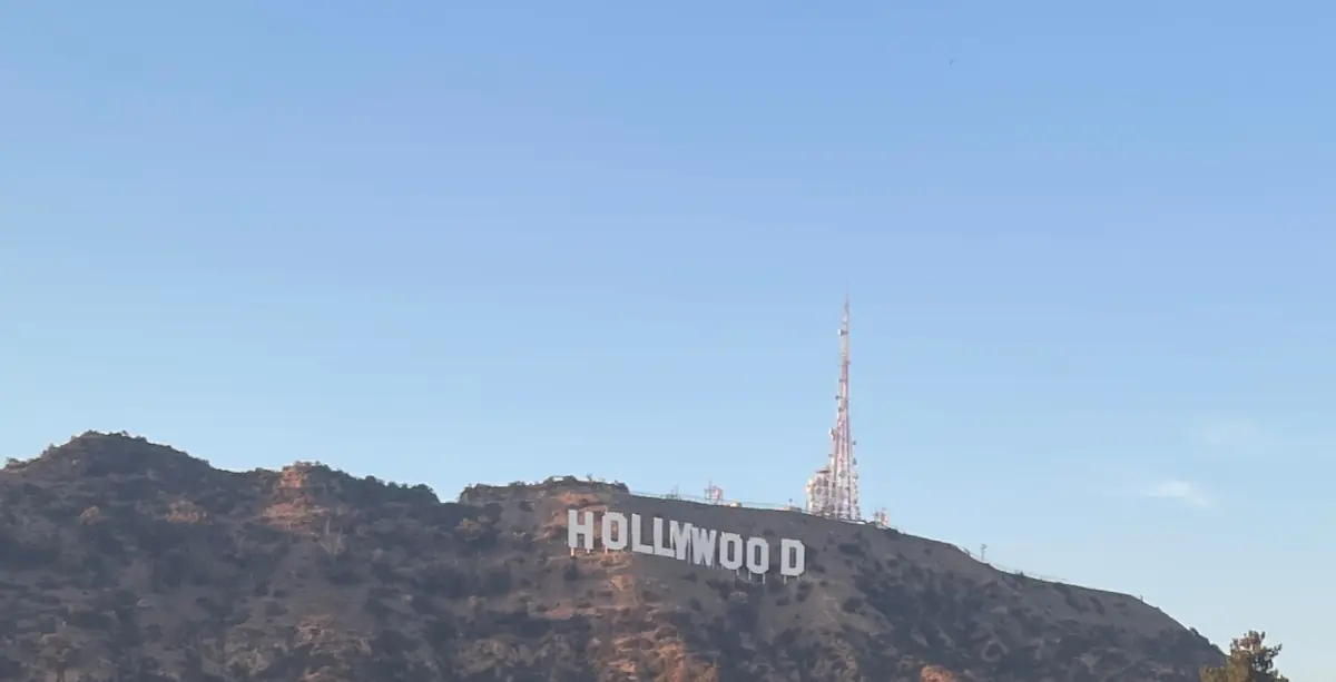 The Hollywood Sign and the antenna on Mount Lee