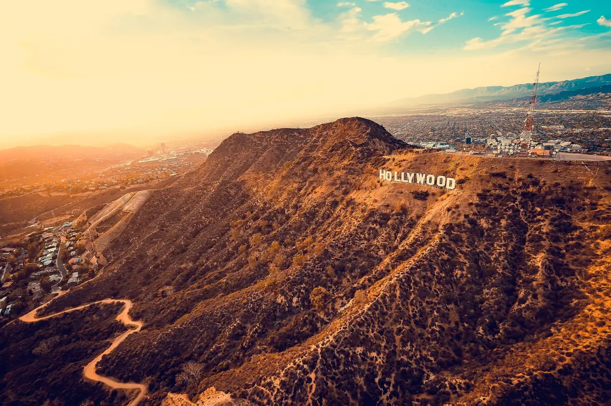 The Hollywood Sign on Mount Lee in warm evening light